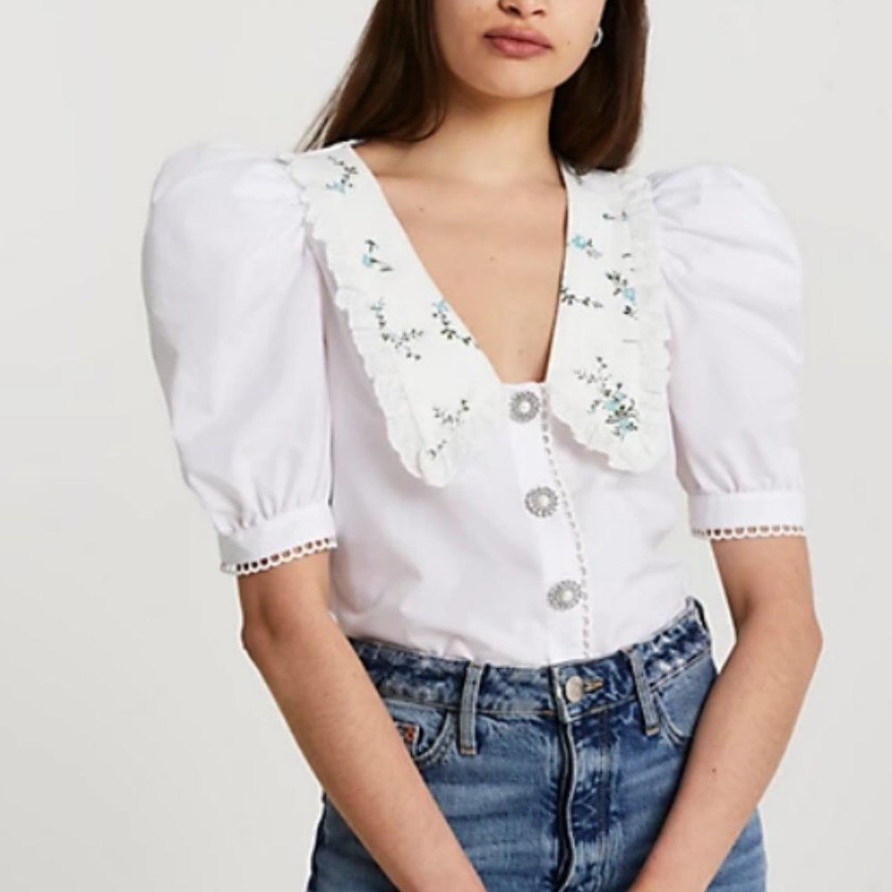 River Island White Cotton Puff Sleeve Blouse with Embroidered Collar
